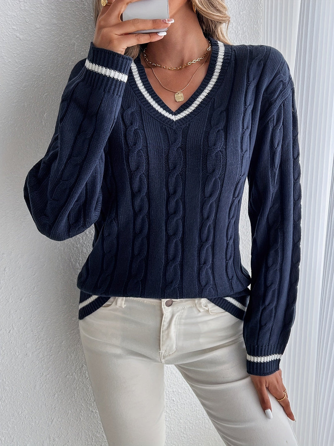 Sylvia – V-Neck Cable Knit Sweater