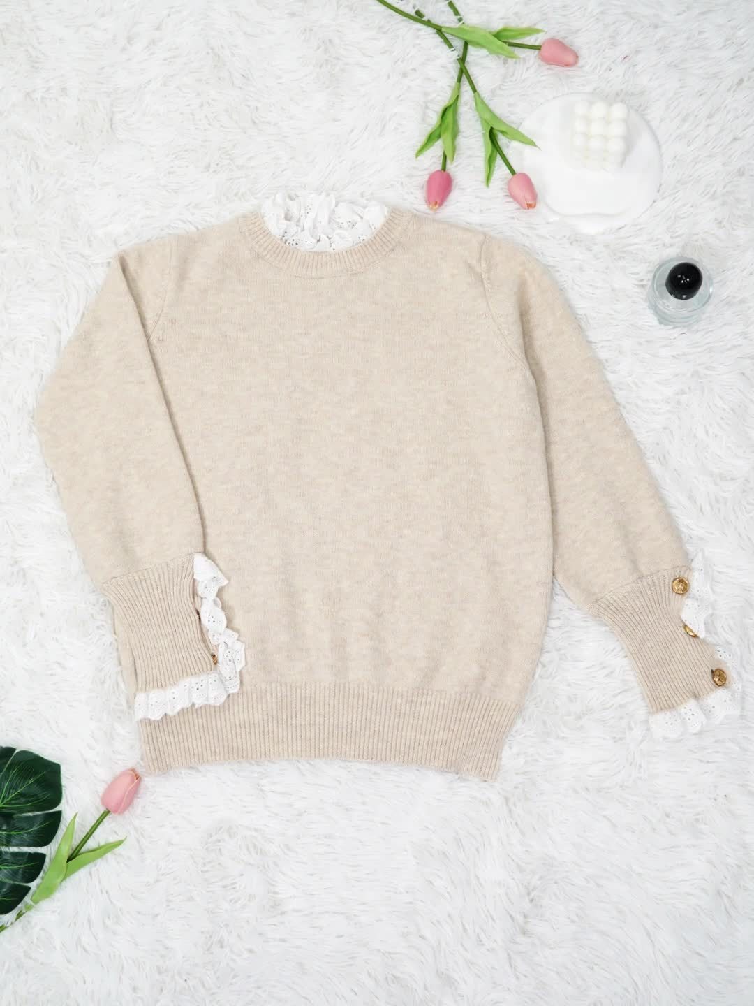 Margaret - Lace-Trim Button Sweater